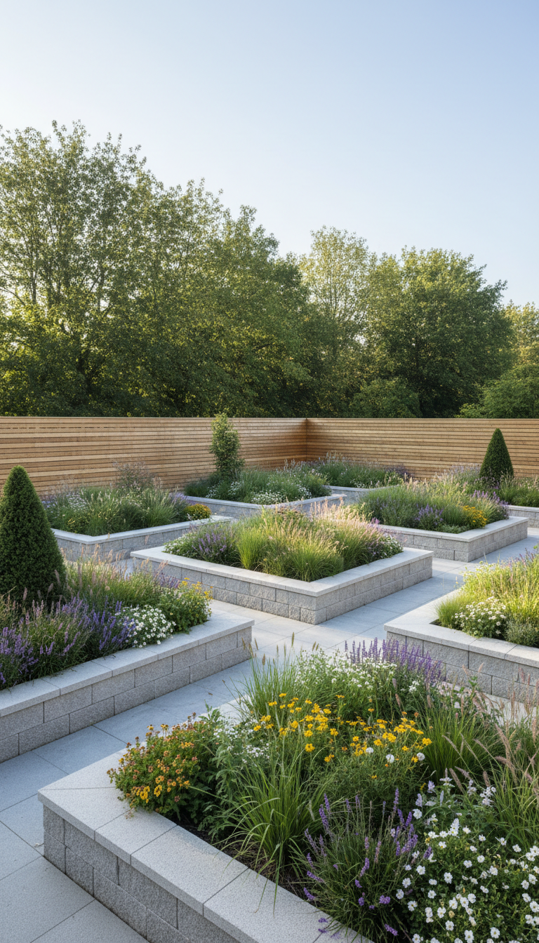 A meticulously landscaped contemporary garden featuring structured geometric raised beds filled with lush native grasses, diverse perennials, and a few sculptural conifers. The beds are bordered with clean, light-gray stonework, creating a sense of order and professionalism. Behind, there’s a backdrop of mature trees and a minimalist architectural fence in neutral wood tones. Bathed in gentle mid-morning natural light, the scene feels fresh yet serene, with soft shadows providing depth. Captured from a slightly elevated, wide-angle perspective with sharp focus throughout, emphasizing both detail and layout. The overall mood is calm, balanced, and corporate, perfectly reflecting professional, sustainable agrolandscape design. The photographic realism aligns with the site’s focus on expert, sustainable solutions.