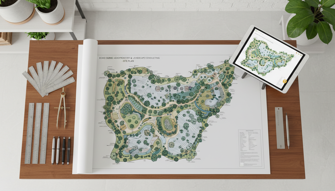 An elegant, professionally designed landscape plan displayed on a neat wooden drafting table, surrounded by neatly arranged landscape architecture tools—metal rulers, compasses, and a tablet displaying a digital version of the plan. The scene is illuminated by bright, even overhead studio lighting, with neutral tones and minimal distractions. The focus is crisp, showcasing the clean lines of the schematics and the harmony of the layout. Shot from a top-down, bird’s-eye perspective to emphasize organizational structure and precision. The mood is diligent and competent, embodying trustworthiness and expertise in agroforestry and landscaping consulting. The style is minimalist and photographic, supporting the business’s educational and professional services.