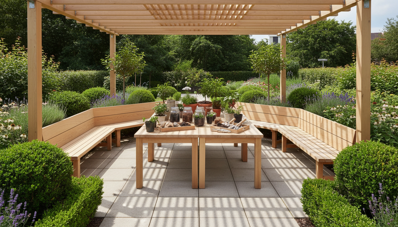 A sophisticated outdoor classroom setting featuring sturdy timber benches arrayed in a semi-circle beneath a modern pergola made of pale, sustainable wood. In the center sits a large demonstration table hosting diverse potted plants, labeled soil samples, and clean garden tools arranged with intention. The environment is framed by well-maintained boxwood hedges and native flowering shrubs, set on a patio of neutral stone tiles. Natural ambient light filters through slatted pergola beams, casting soft linear shadows onto the surfaces. Captured at a wide-angle, eye-level perspective with a clean, structured composition, the mood is inviting, educational, and professional. Photographic realism and balanced composition reinforce the site’s focus on formal agroforestry and landscape education.