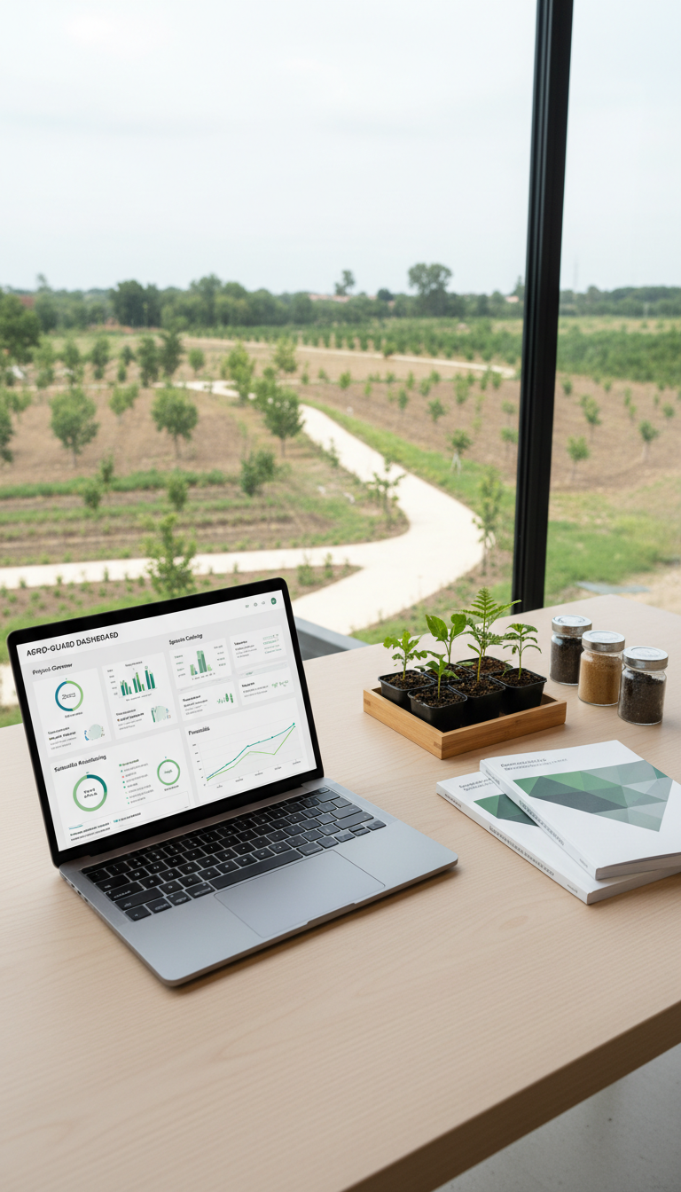 A neat and modern digital dashboard interface for agroforestry project management displayed on a flat, sleek laptop resting on a pale wood workstation. To the side, there are a couple of closed technical reports with minimalist green-and-gray covers and a small sample tray with seedlings and soil samples arranged with precision. The workstation sits by a large window overlooking a manicured landscape. Soft, neutral daylight illuminates the scene, subtly highlighting the clean screen interface and organized workspace. Captured from a modestly elevated angle to underscore clarity and order, the photographic style reinforces a sense of innovation, reliability, and professionalism, supporting the site offering online advisory services for landscaping and agroforestry projects.